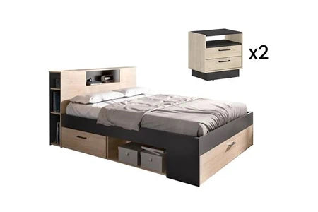 Lit 2 Places Avec Tête De Lit Rangements Et Tiroirs - 140 X 190 Cm - Coloris : Naturel Et Anthracite + Chevets - Leandre
